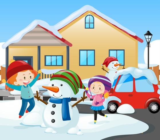 Due ragazze e un pupazzo di neve davanti alla casa vettore