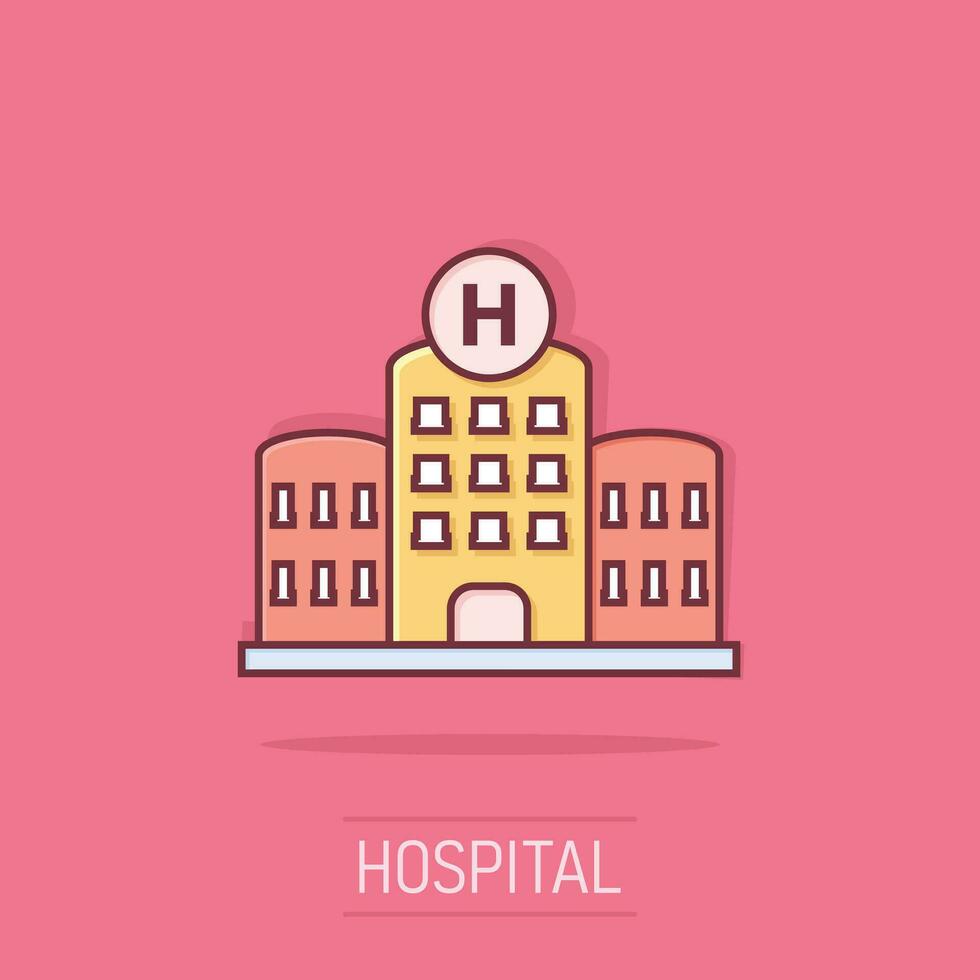 ospedale edificio icona nel comico stile. infermeria vettore cartone animato illustrazione su isolato sfondo. medico ambulanza attività commerciale concetto spruzzo effetto.