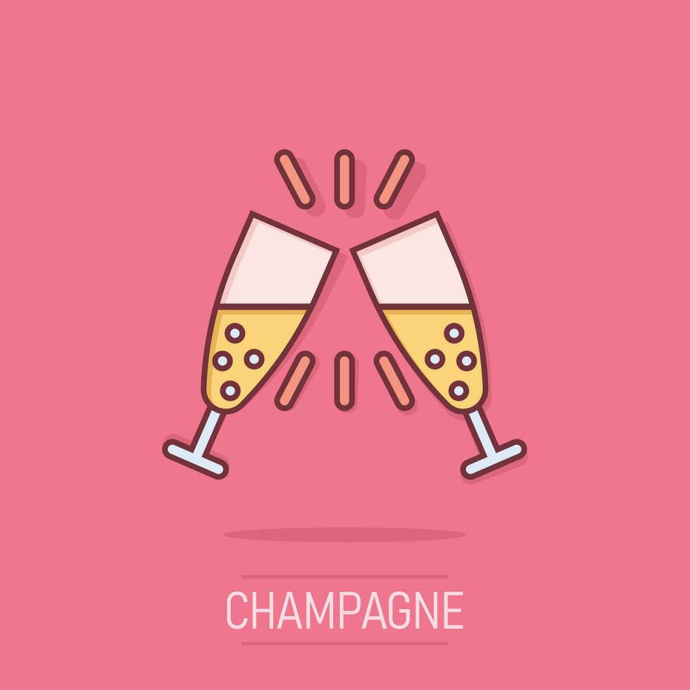 Champagne bicchiere icona nel comico stile. alcool bevanda vettore cartone animato illustrazione su isolato sfondo. cocktail spruzzo effetto attività commerciale concetto.