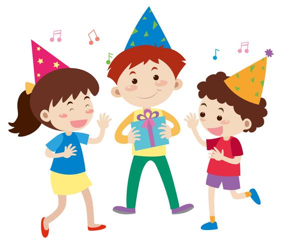 Tre bambini felici alla festa di compleanno vettore