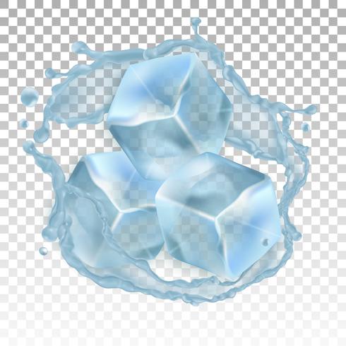 Cubetti di ghiaccio realistico e una spruzzata di acqua. Illustrazione vettoriale