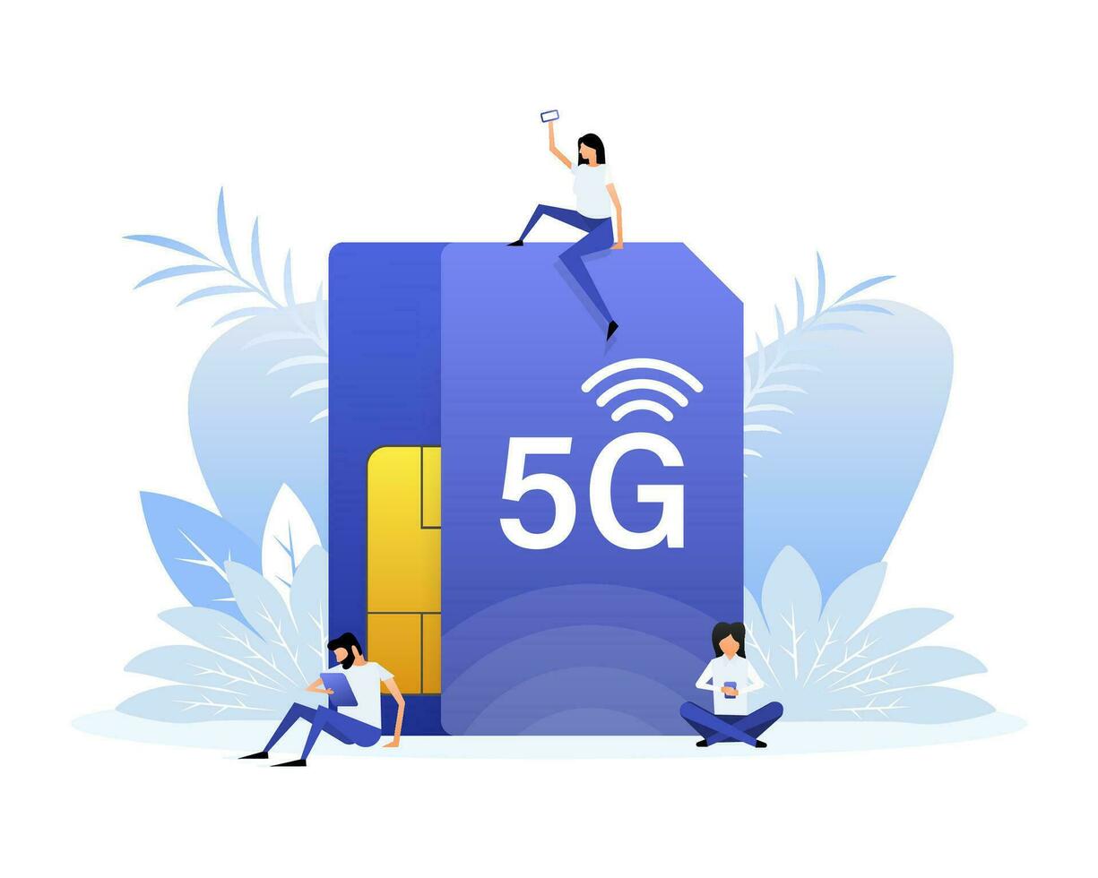 5g sim carta. 4g tecnologia sfondo. piatto stile personaggi vettore