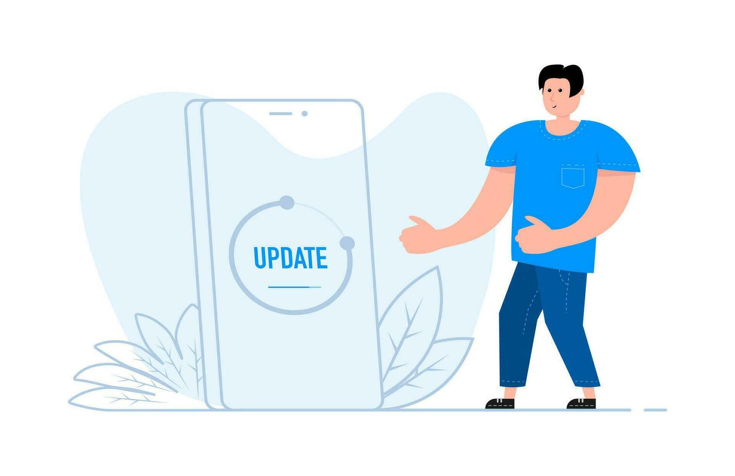 un' uomo sta vicino il smartphone, su il schermo sistema Software aggiornare e aggiornare vettore