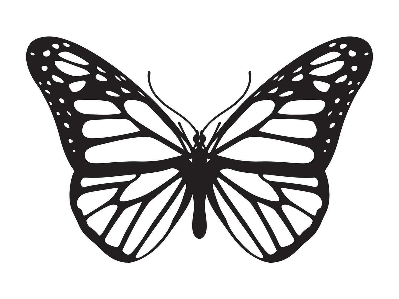 farfalla icona, nero e bianca farfalla con Aperto Ali su bianca sfondo, silhouette farfalla vettore