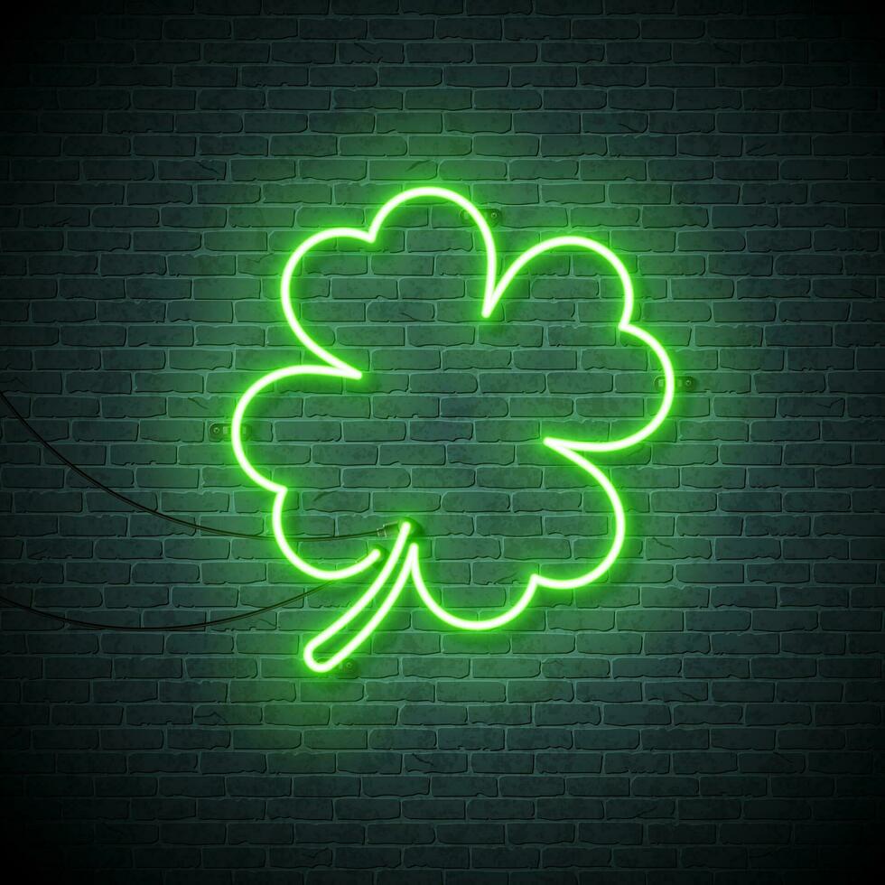 santo Patrick giorno illustrazione con raggiante trifoglio le foglie forma neon luci su mattone parete sfondo. irlandesi tradizionale st. patricks giorno fortunato celebrazione vettore design per volantino, saluto carta