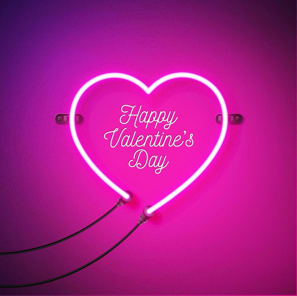 contento san valentino giorno design con luminosa neon cuore su rosa sfondo. vettore amore, nozze e romantico San Valentino tema illustrazione per volantino, saluto carta, vacanza manifesto o festa invito