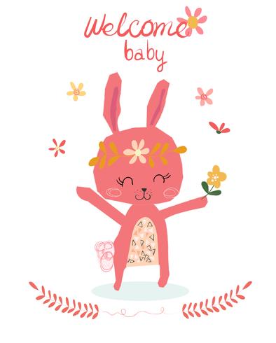 carta di baby shower con coniglio simpatico cartone animato vettore
