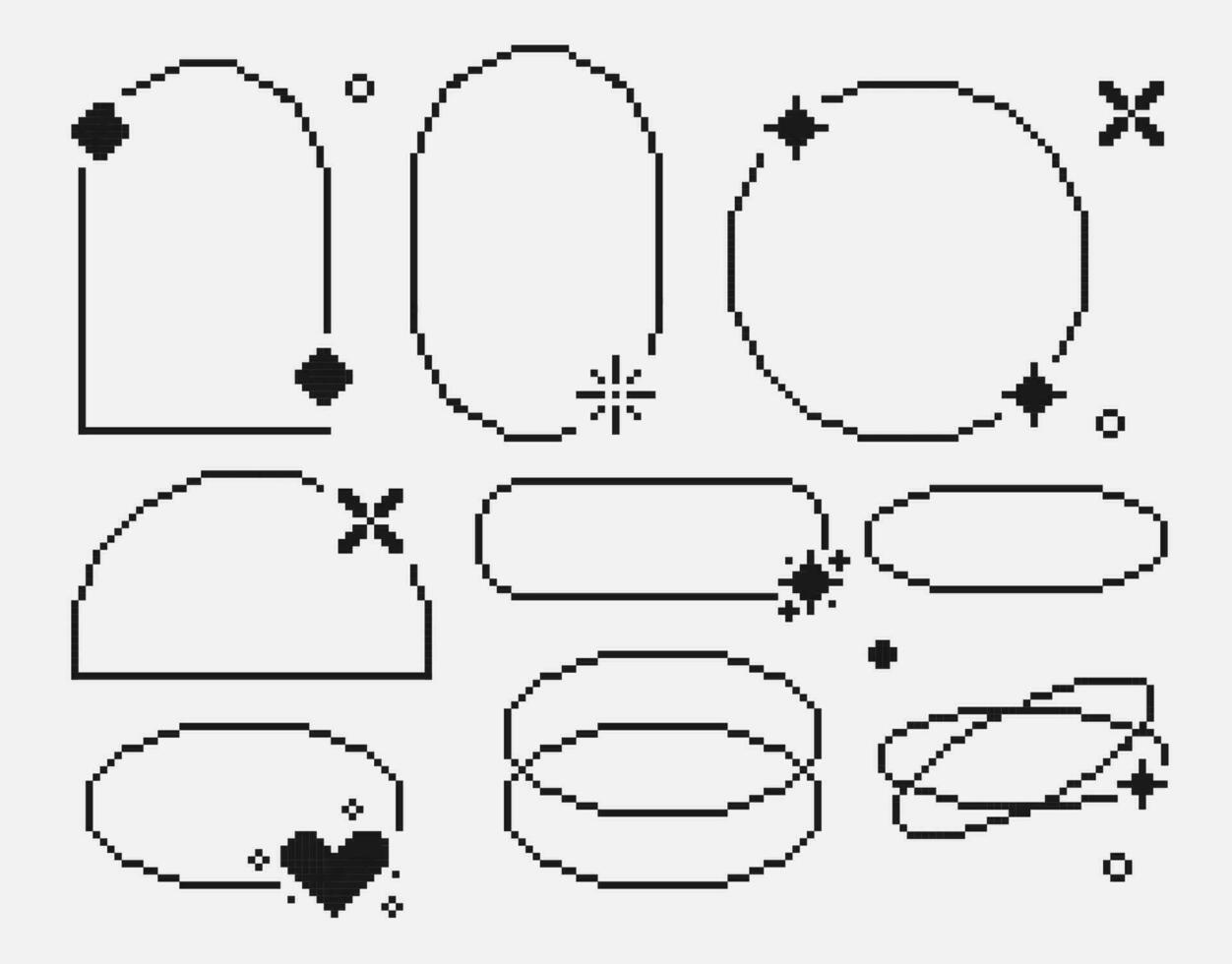 impostato di y2k pixel linea telaio. astratto forma con cuore e la farfalla. moderno estetico linea elementi nel retrò stile. arco telaio con scintille per sociale media, semplice decorativo confine vettore