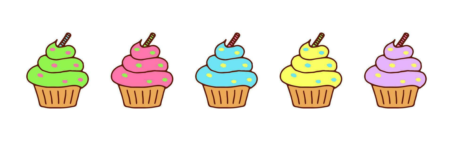 carino vettore impostato di muffin. colorato scarabocchio Cupcake icone isolato su bianca sfondo. vivace dolce Oggetti. confetteria dolce illustrazione per forno, bar, o caffè negozio