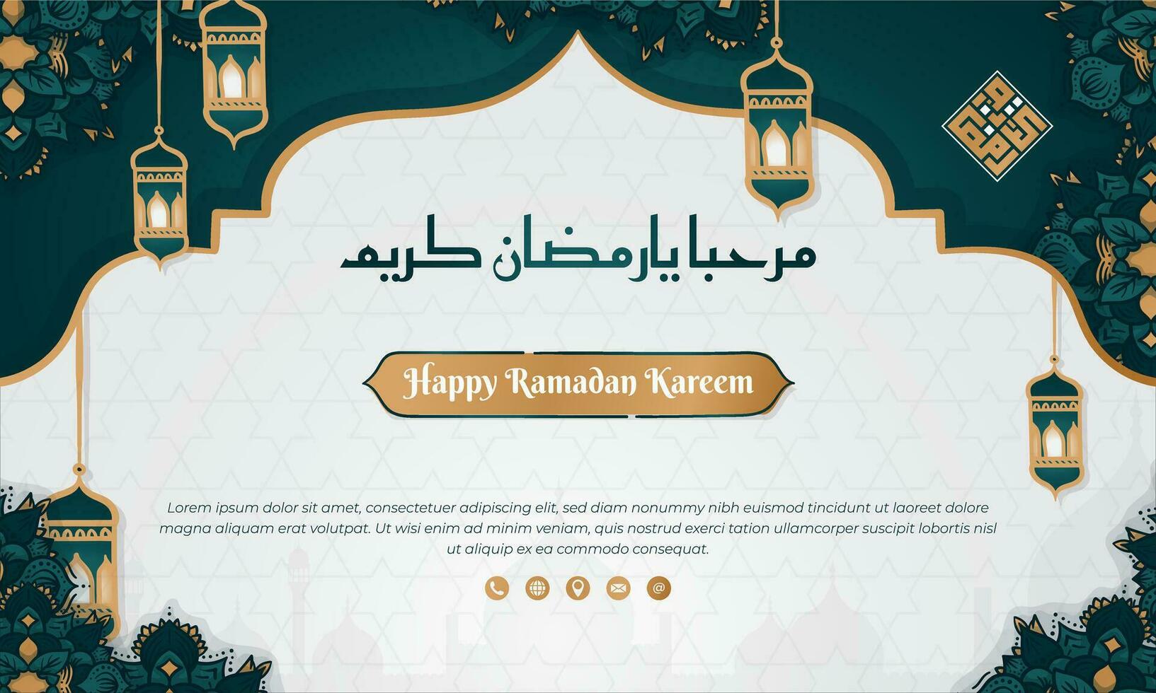 Ramadan sfondo nel verde bianca e oro design con mano disegnato sfondo stile e Arabo testo significare è benvenuto Ramadan kareem per Ramadan vendita pubblicità design vettore