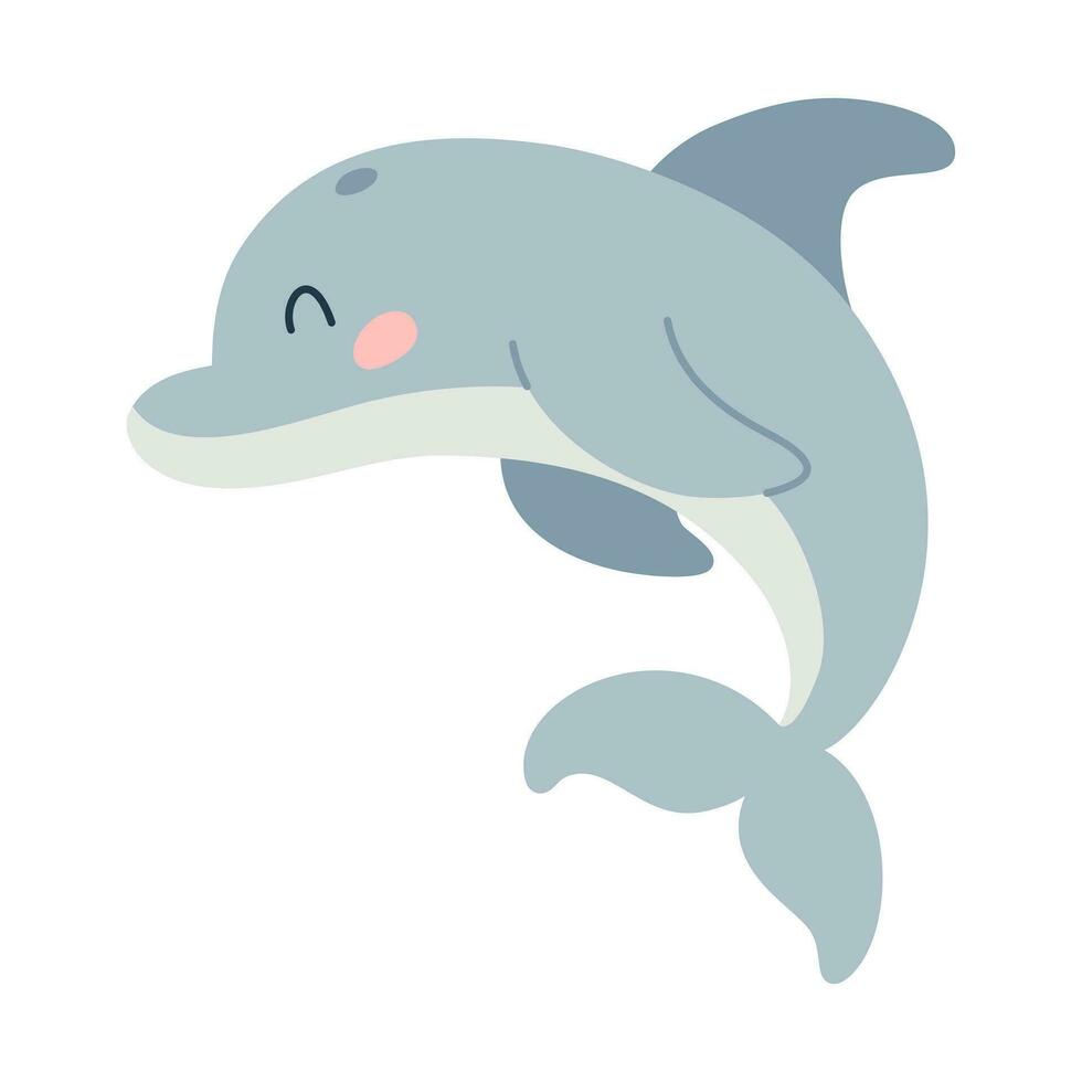 cartone animato mano disegnato delfino su isolato bianca sfondo. personaggio di il mare animali per il logo, mascotte, design. vettore illustrazione