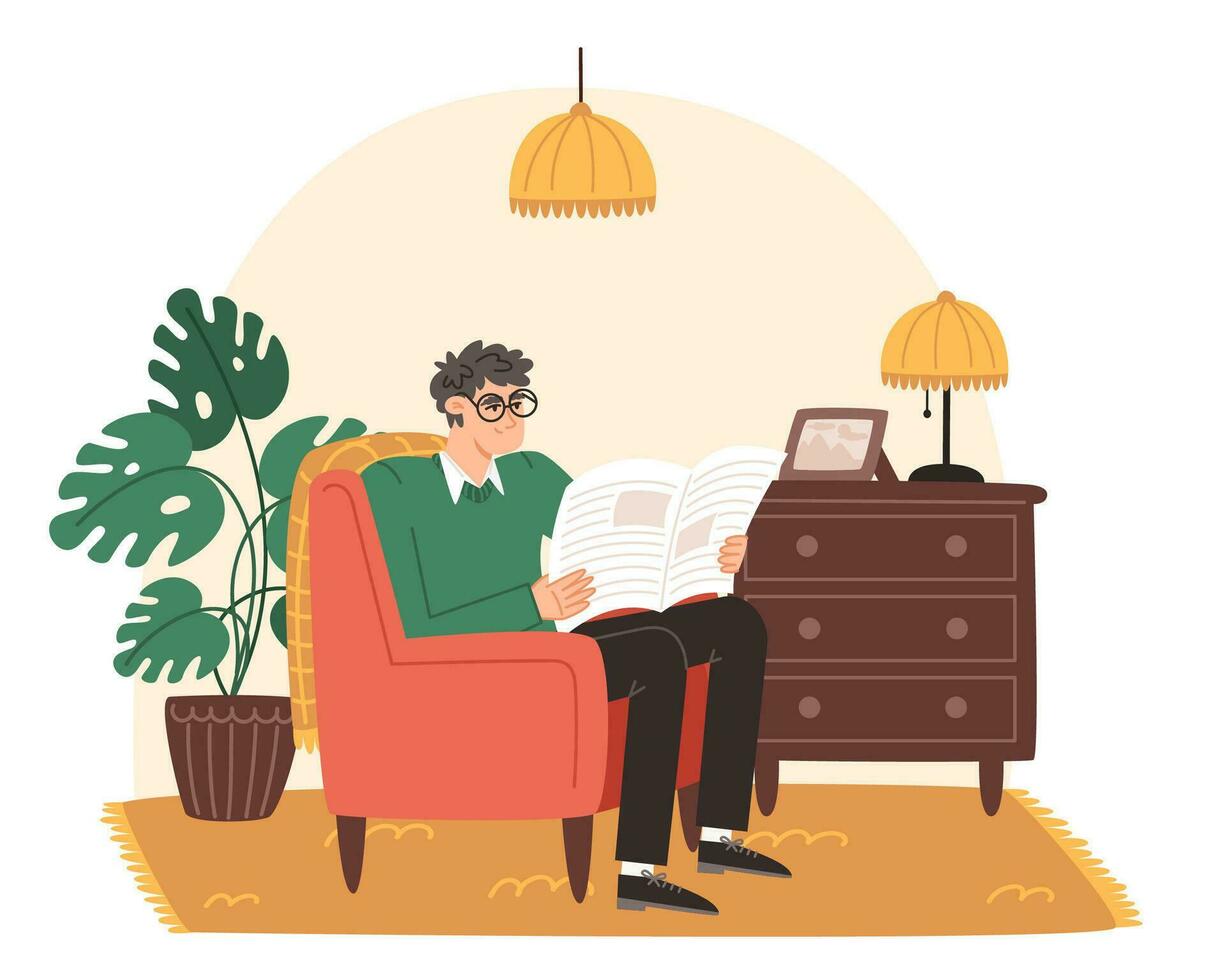 un anziano uomo si siede nel un' confortevole sedia e legge un' giornale nel accogliente vivente camera nel piatto stile vettore