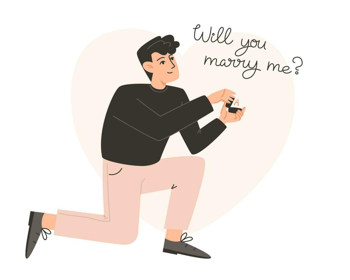un' uomo prende giù su uno ginocchio e matrimonio proposte vettore