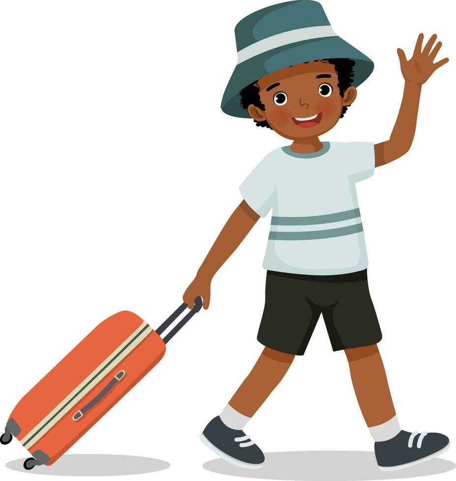 carino poco africano ragazzo con cappello andando su estate vacanza in viaggio con valigia agitando mano vettore