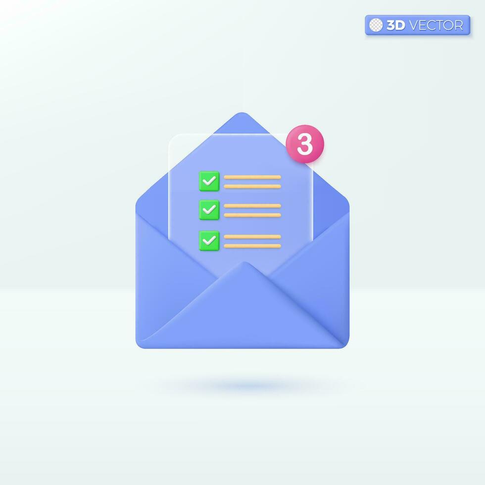 Busta e trasparenza documento simboli. annunciare, notificare, posta invito, comunicare concetto. 3d vettore isolato illustrazione design. cartone animato pastello minimo stile. per design ux, ui, Stampa anno Domini.