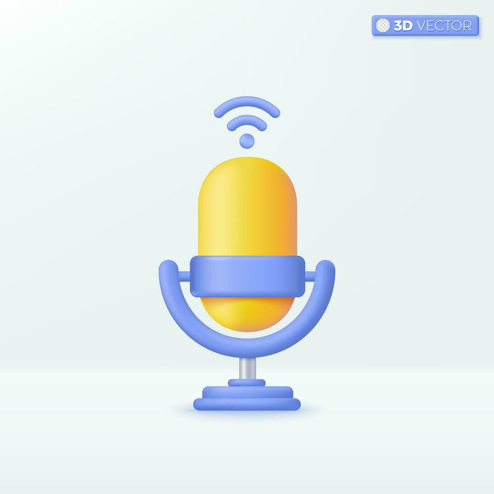 giallo microfono su In piedi e Wi-Fi icona simboli. attrezzatura per Audio trasmissioni, musica, karaoke, registrazione, studio concetto. 3d vettore isolato illustrazione design. cartone animato pastello minimo stile.