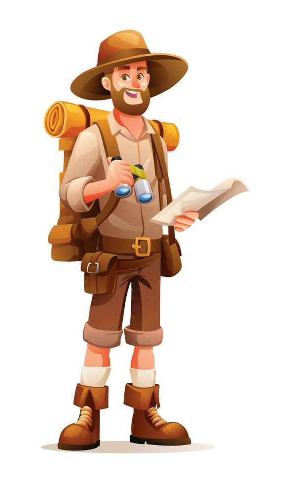 esploratore con zaino Tenere un' carta geografica e binocolo. cartone animato personaggio illustrazione isolato su bianca sfondo vettore