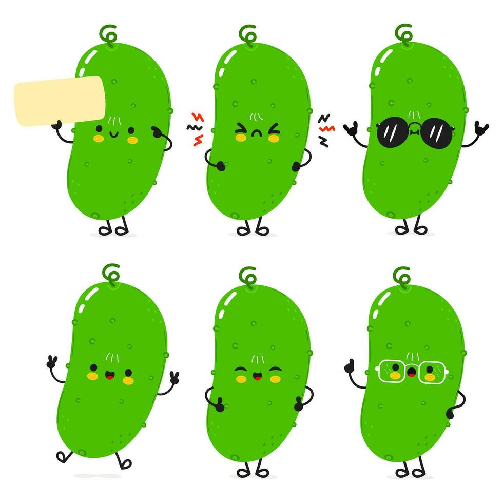 divertente cetriolo personaggi fascio impostare. vettore mano disegnato scarabocchio stile cartone animato personaggio illustrazione icona design. carino cetriolo portafortuna personaggio collezione