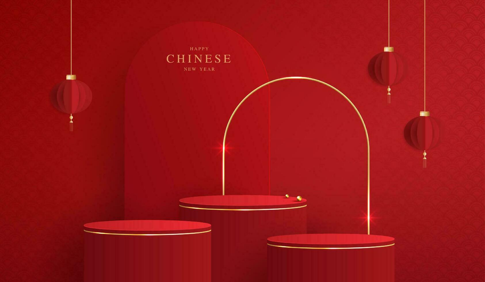 podio palcoscenico Cinese stile per Cinese nuovo anno e festival o medio autunno Festival con rosso sfondo. finto su palcoscenico con festivo lanterne e nuvole. vettore design.