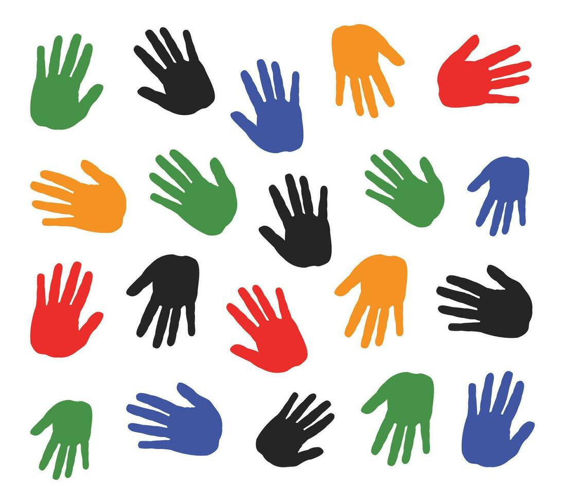 illustrazione sfondo di mani nel rosso, blu, verde, giallo, nero e arancia colori su un' bianca sfondo vettore