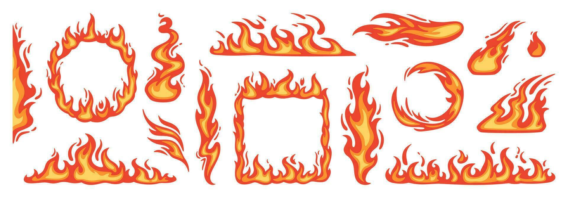 cartone animato rosso fiamma. fuoco fiamme, caldo bolide, Pericolo wildfire fuoco di bivacco e falò elementi, fuoco montatura e fiammeggiante frontiere isolato vettore impostato
