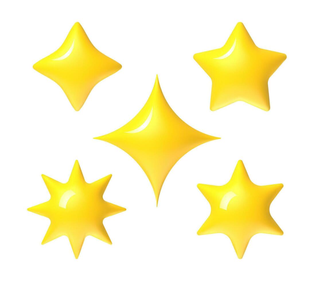 3d stella. giallo stelle per emoji, revisione e valutazione ui. 3d cartone animato carino sole realistico simbolo. tre, quattro e cinque, sei e otto raggio forme vettore impostato