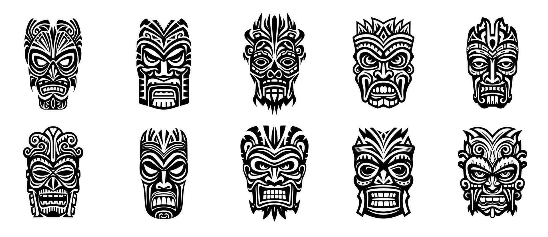 tiki maschere. hawaiano totem Dio, tribale polinesiano idolo. azteco o africano schema nero etnico pauroso viso maschera. isolato silhouette tatuaggio vettore impostato