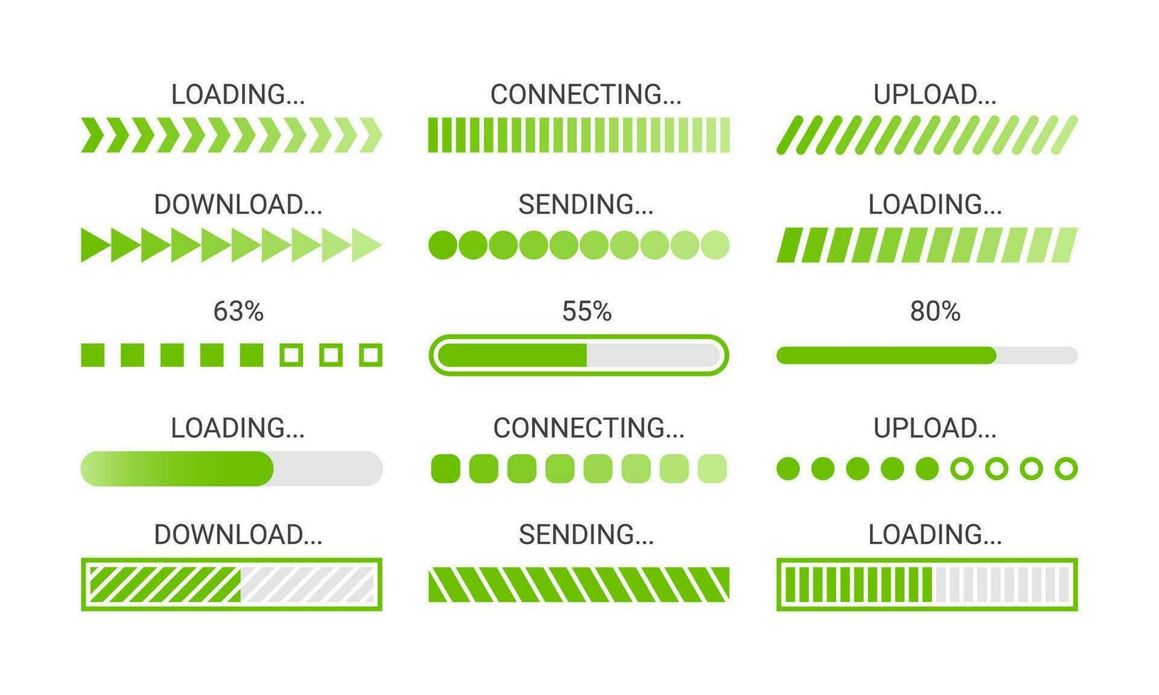 Caricamento in corso sbarra. verde Scarica progresso caricatore, buffer stato ui elementi. caricamento, Scarica e invio velocità indicatori, tempo Caricamento in corso schermo vettore icone