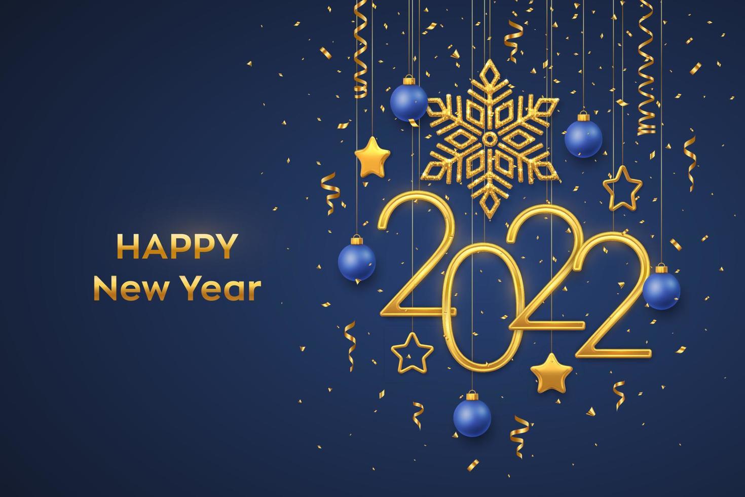 felice nuovo anno 2022. appendere i numeri metallici dorati 2022 con fiocco di neve brillante, stelle metalliche 3d, palline e coriandoli su sfondo blu. biglietto di auguri di capodanno o modello di banner. vettore. vettore
