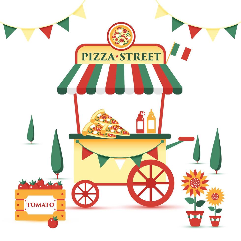 carrello pizza street food. illustrazione vettoriale colorato, stile cartone animato, sul paesaggio italiano.