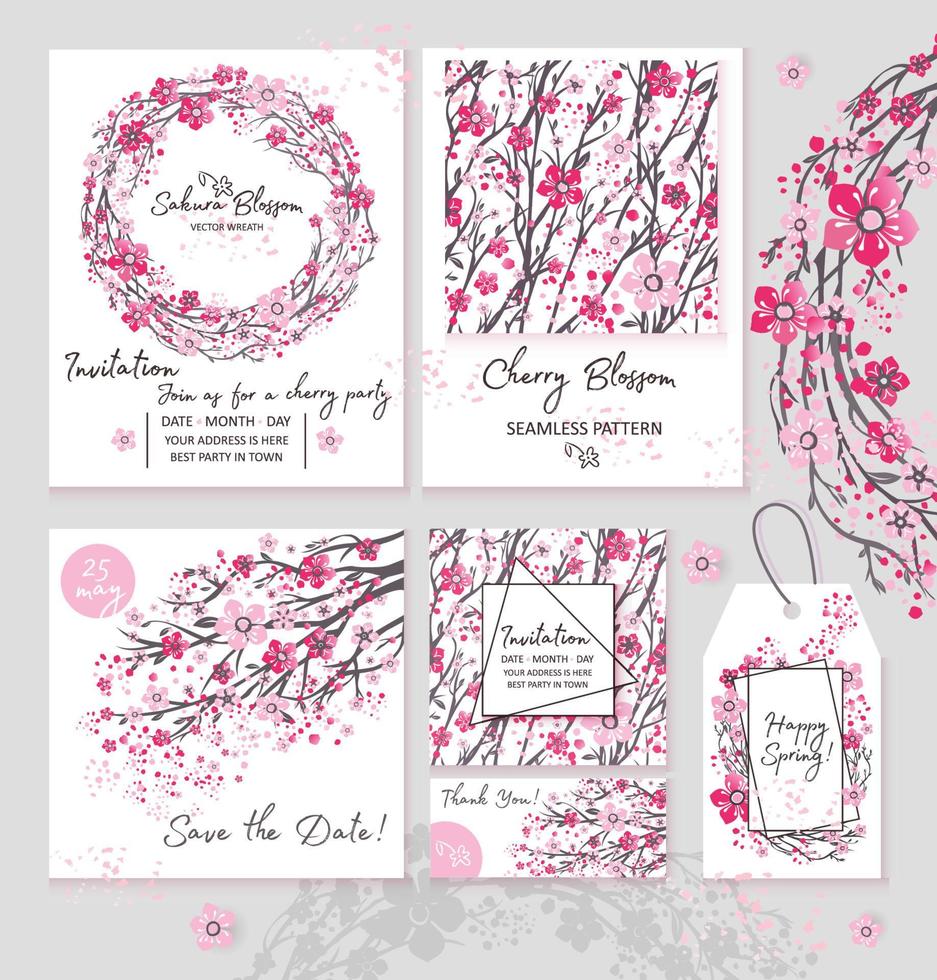 sakura giappone cherry branch set invito layout banner ghirlanda con fiori che sbocciano stile acquerello illustrazione vettoriale. vettore