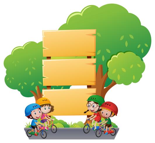 Modello di cartello in legno con i bambini in bicicletta vettore