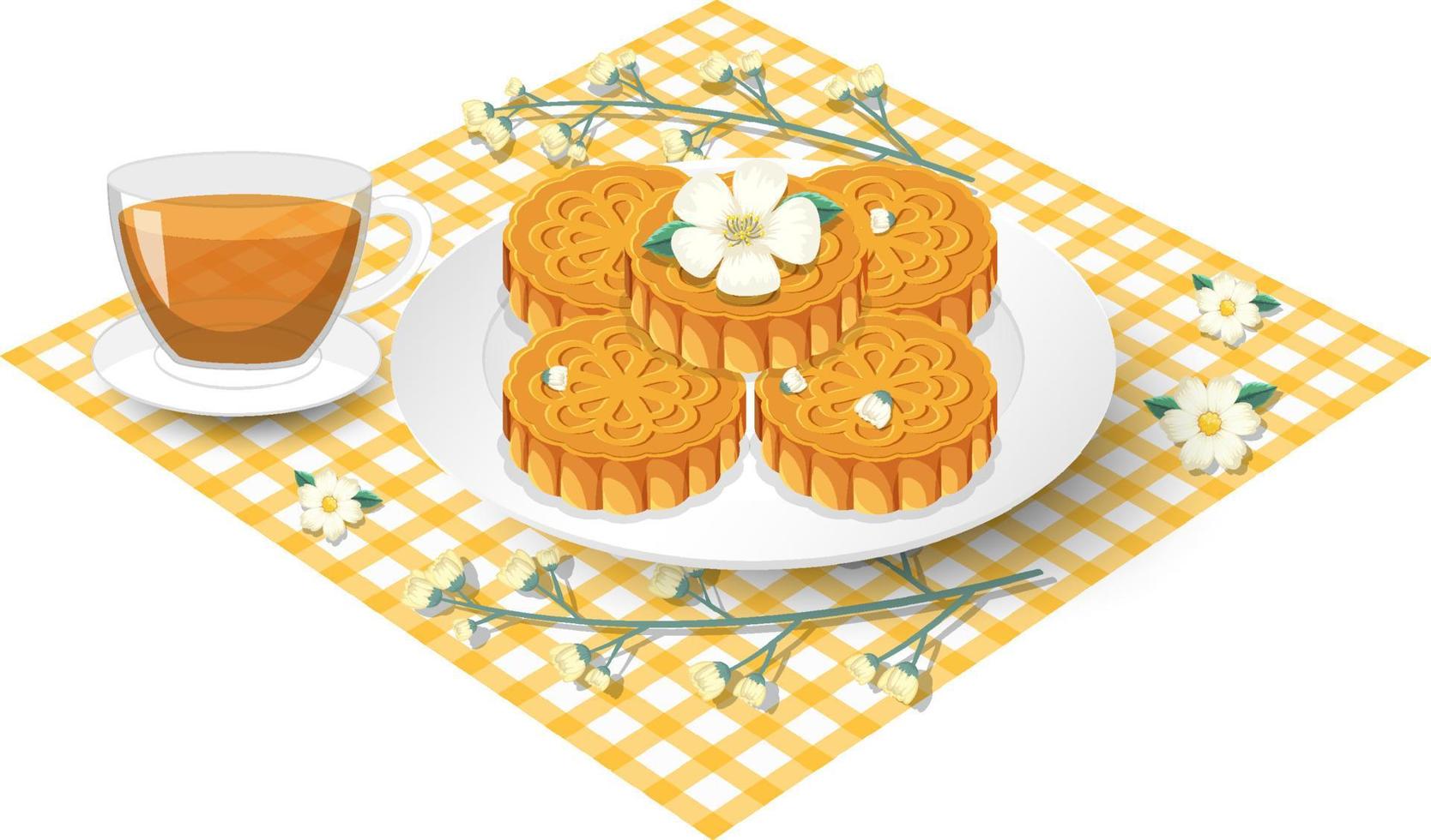 pila di mooncakes con tazza da tè sulla tovaglia vettore