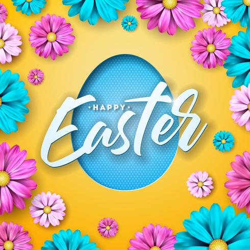Disegno felice di Pasqua con il simbolo variopinto dell&#39;uovo di taglio della carta e del fiore vettore