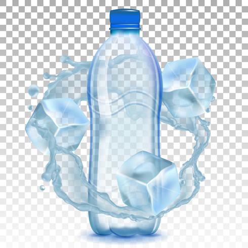 Bottiglia di plastica realistico con una spruzzata di acqua e cubetti di ghiaccio. Illustrazione vettoriale