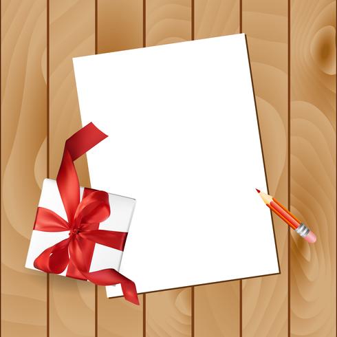 Lettera di Natale con una matita e un regalo rosso prua su un fondo di legno vettore