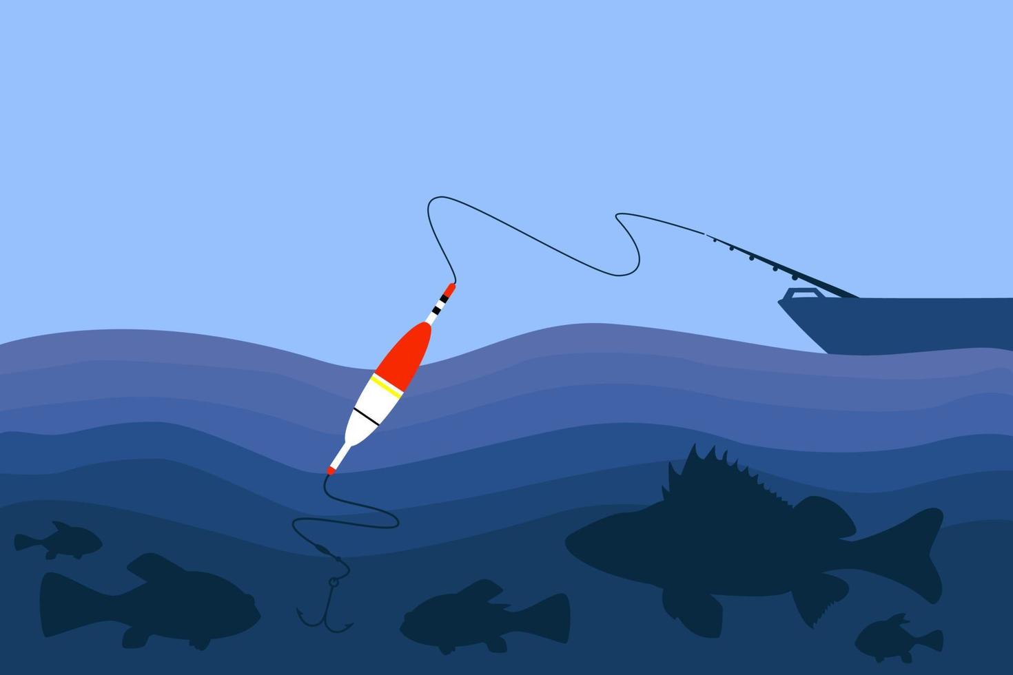 pesca in barca, pesce galleggiante e pesce in acqua. illustrazione piatta vettoriale. vettore