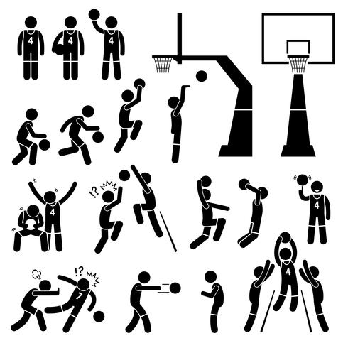 L&#39;azione del giocatore di pallacanestro posa le icone del pittogramma di figura del bastone. vettore