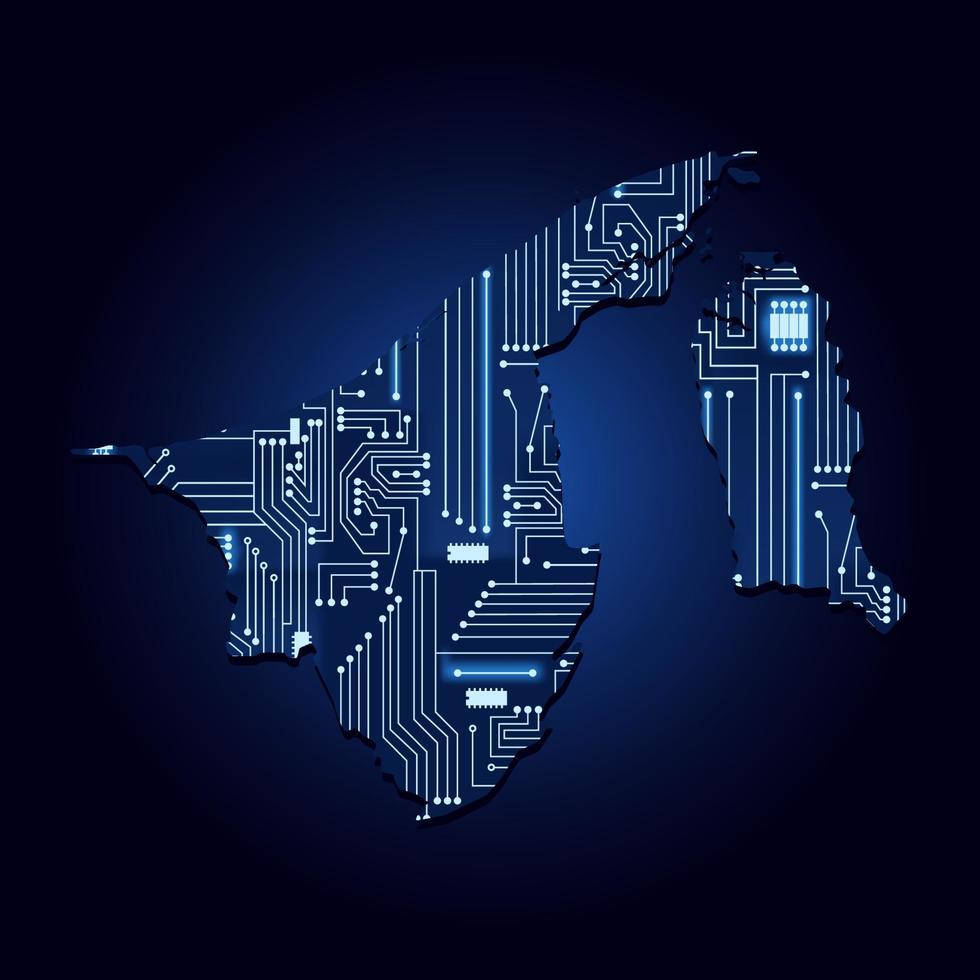 mappa del brunei con circuito elettronico. mappa di contorno del brunei con un circuito elettronico tecnologico. vettore