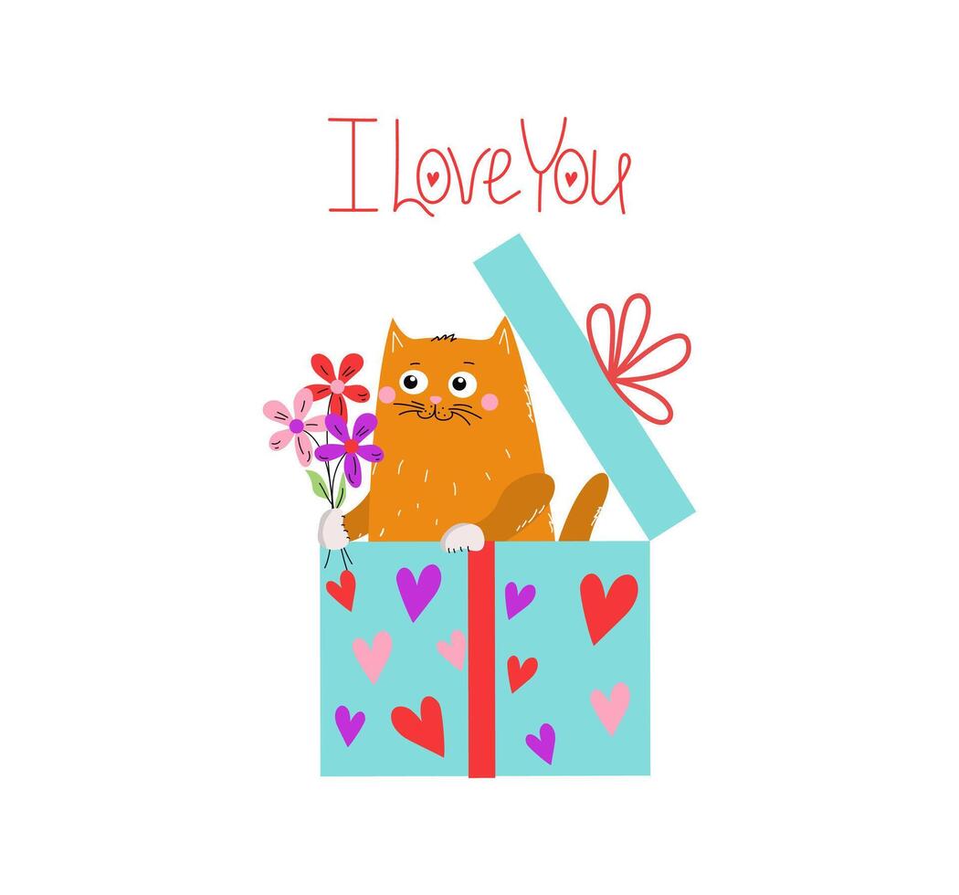 divertente cartone animato gattino con fiori nel un' regalo scatola. gatto con un' mazzo e cuori. San Valentino giorno, compleanno. vettore