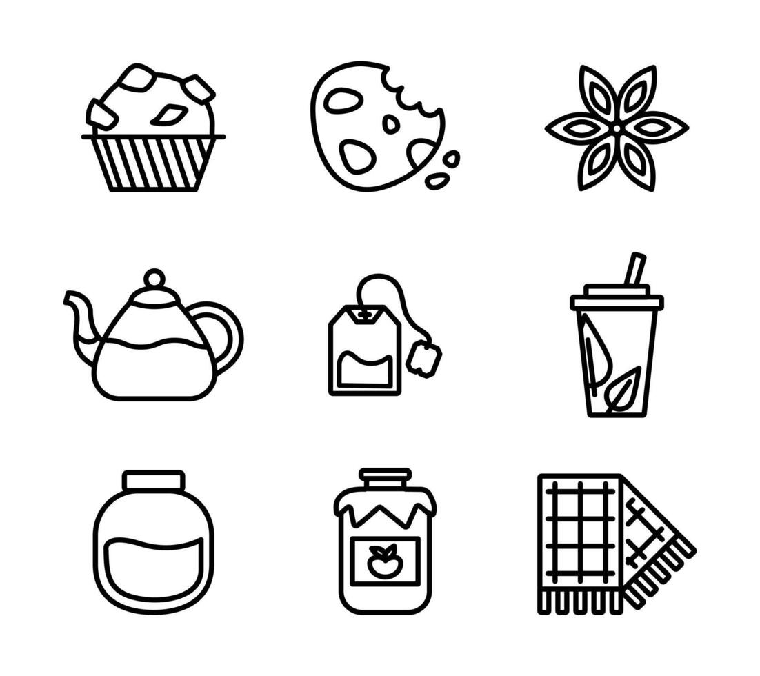 collezione di contorno icone tè festa - cibo e bere. muffin, Tè, marmellata. monouso caffè tazza e plaid. vettore illustrazione
