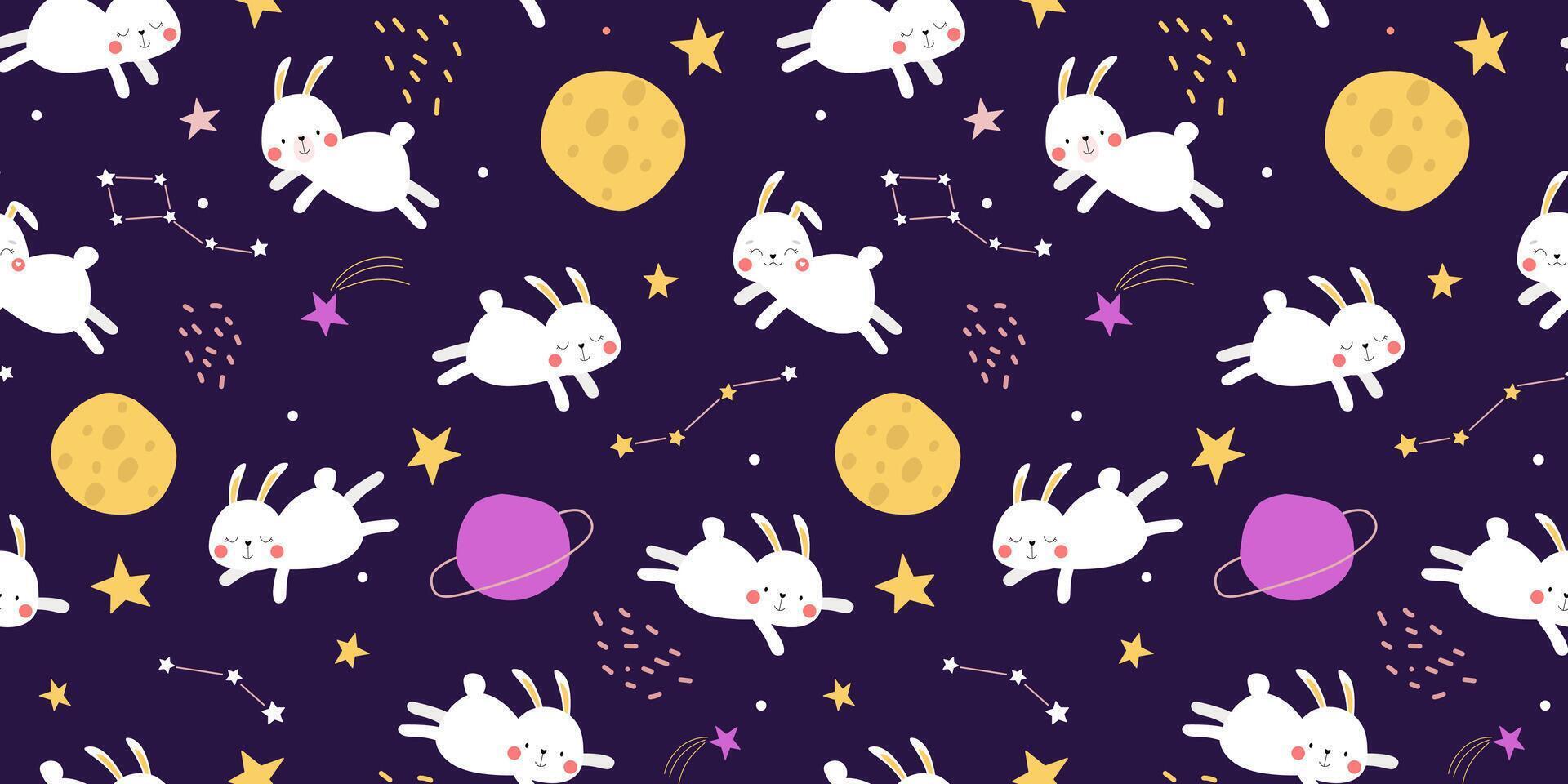 senza soluzione di continuità modello con carino coniglietti volante nel spazio. sognare conigli contro il sfondo di il cielo, pianeti, stelle. vettore grafica.