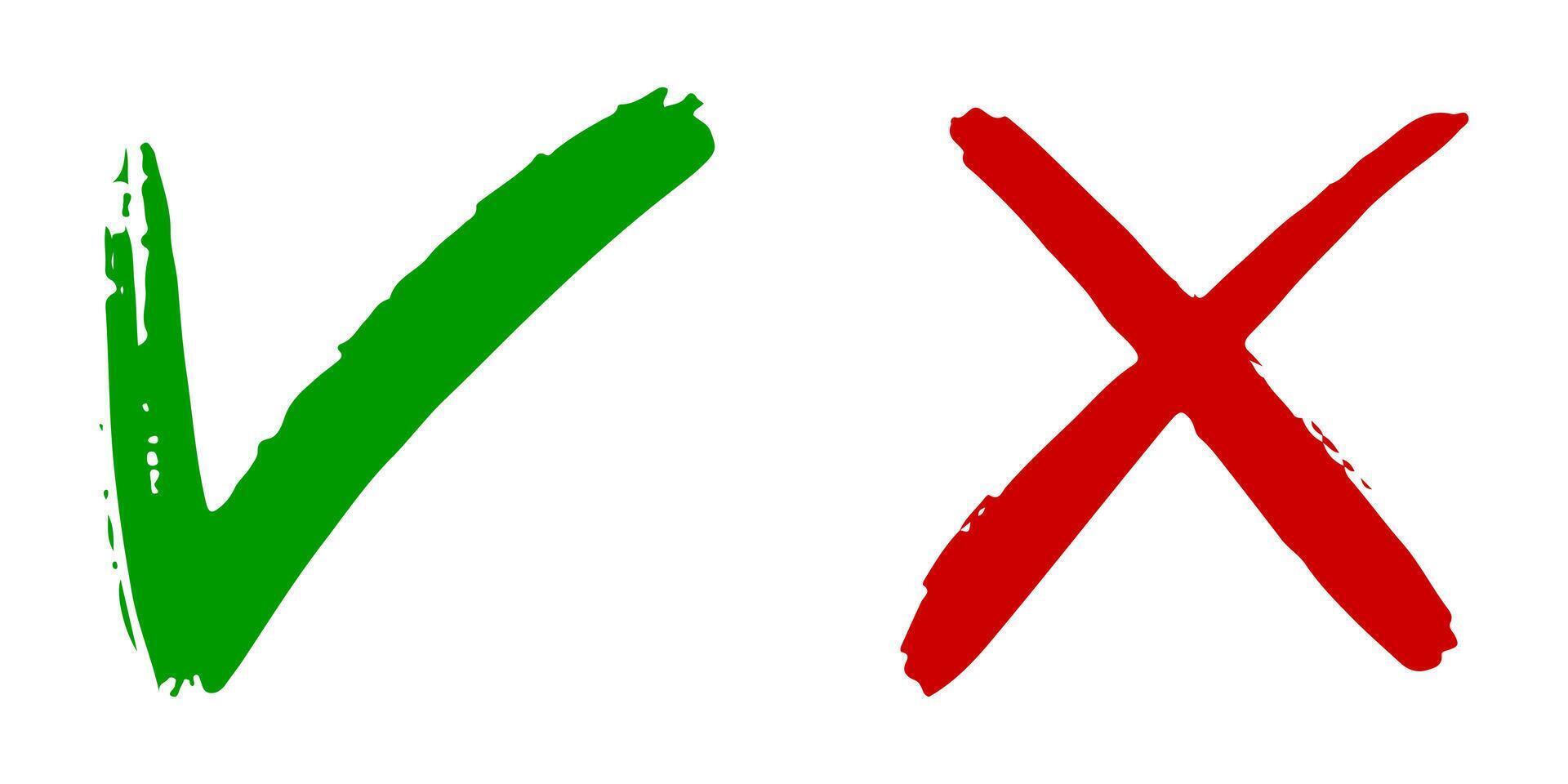 mano disegnato di verde dai un'occhiata marchio e rosso attraversare isolato. giusto e sbagliato icona. vettore illustrazione.