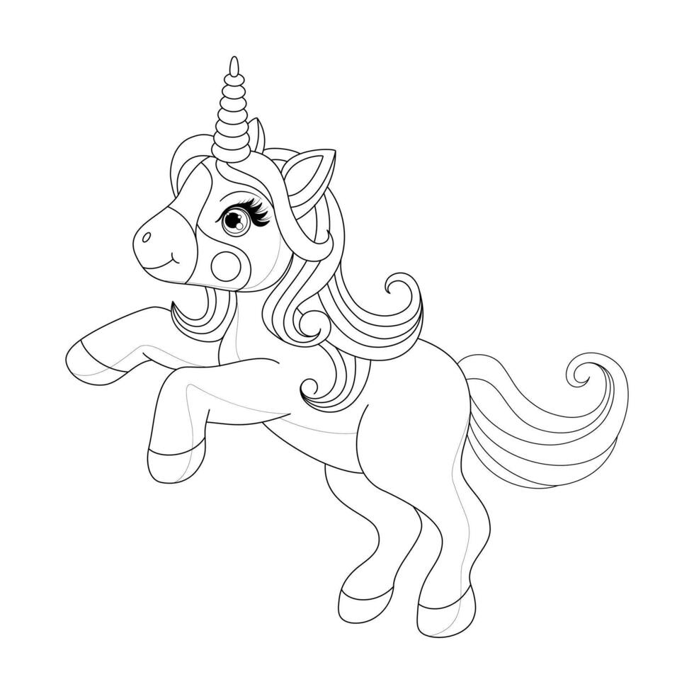 mano disegnato unicorno pony isolato su bianca sfondo. cartone animato vettore illustrazione per colorazione libro o colorazione pagina.
