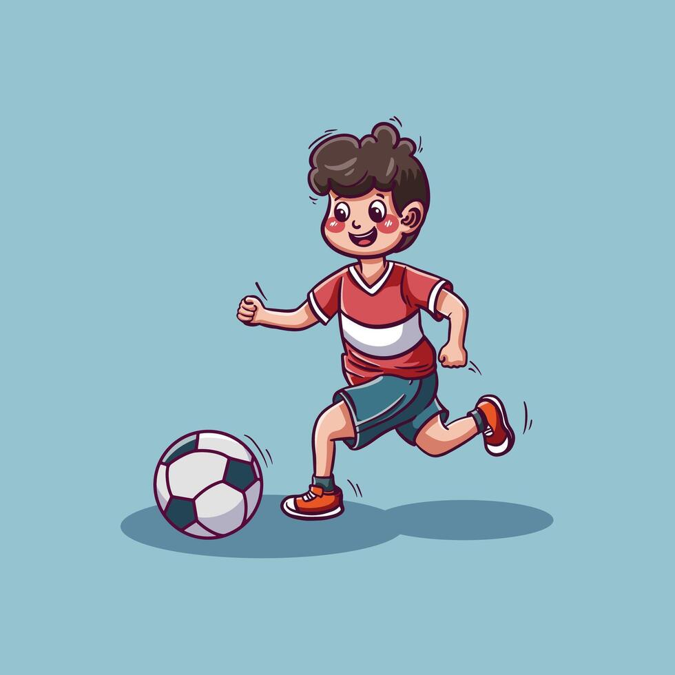carino ragazzo giocando calcio cartone animato personaggio vettore