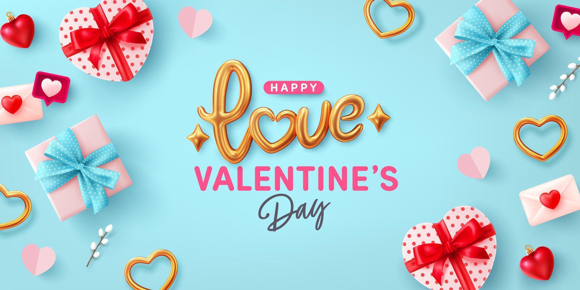 San Valentino giorno bandiera modello con d'oro testo amore e cuore sagomato regalo scatola su blu sfondo.vettore di San Valentino giorno manifesto o banner.saluti e regali per amore o San Valentino concetto. vettore