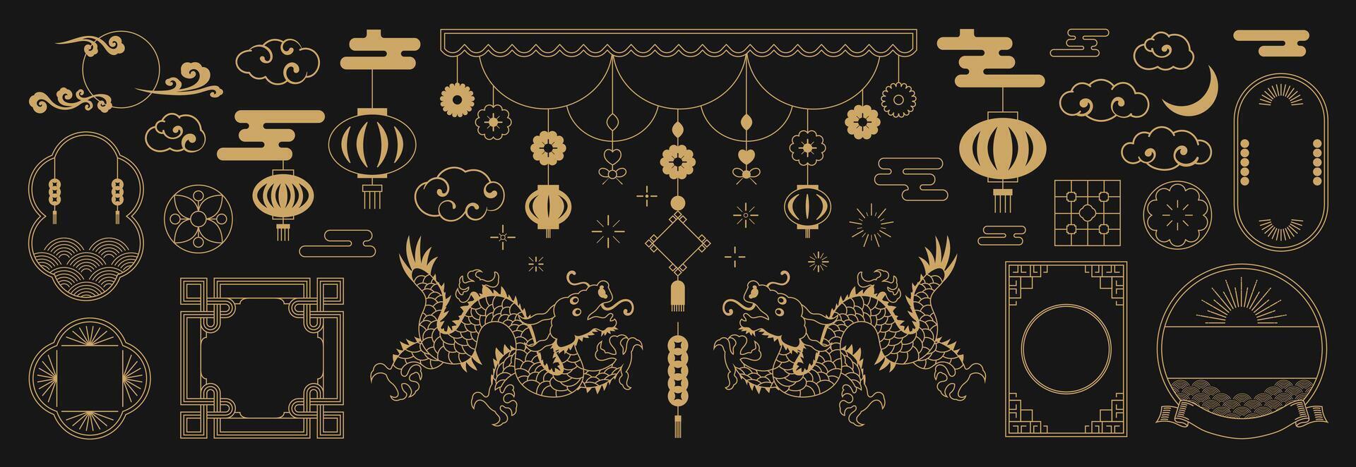 Cinese nuovo anno icone vettore impostare. ciliegia fiorire fiore, telaio, Drago, lanterna, nube isolato icona di asiatico lunare nuovo anno vacanza decorazione vettore. orientale cultura tradizione illustrazione.