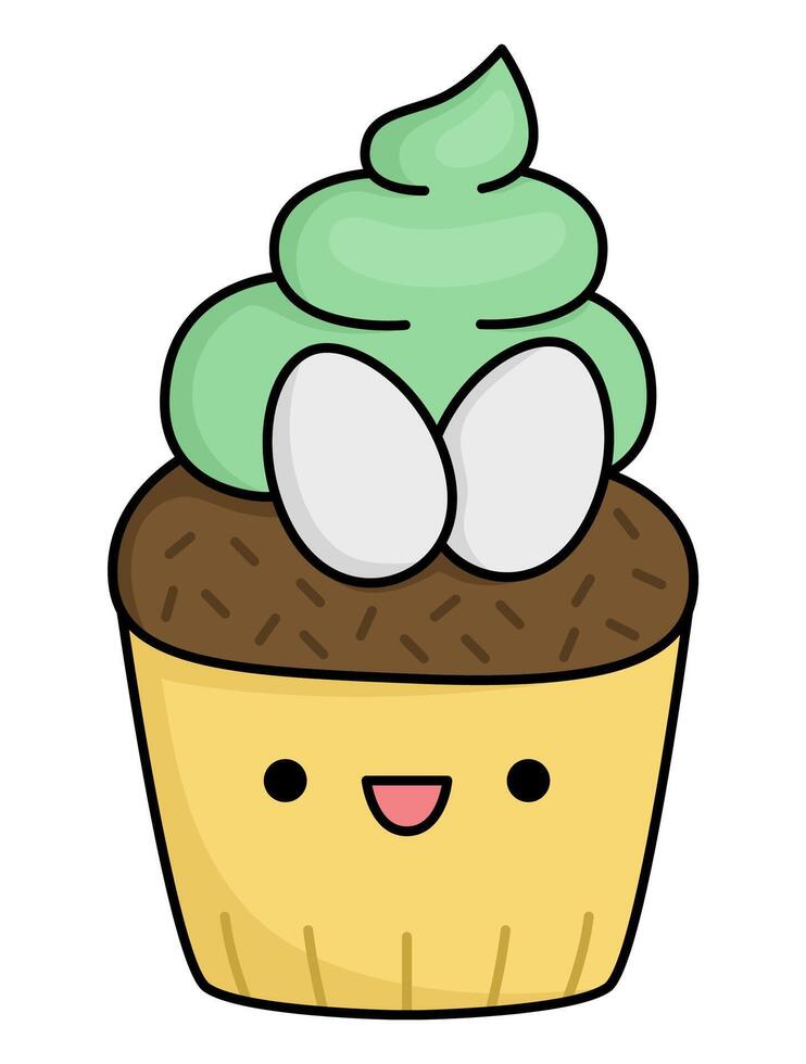 vettore Pasqua Cupcake per bambini. carino kawaii tazza torta con verde crema e uova. divertente cartone animato carattere. tradizionale primavera vacanza dolce illustrazione