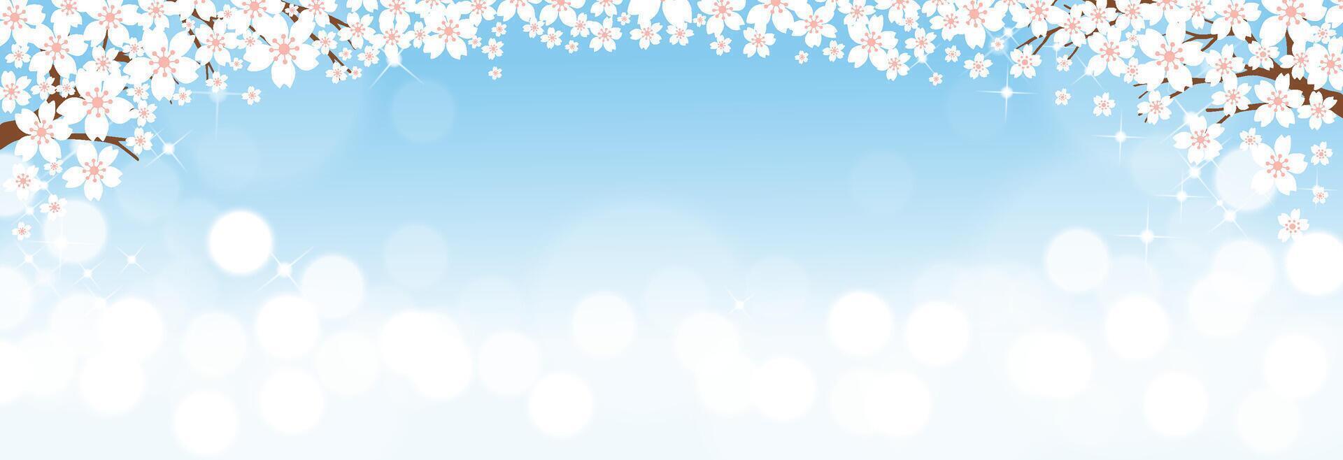 primavera sfondo, natura paesaggio ciliegia fiori fiorire telaio confine con bokeh luce del sole riflessione a partire dal cielo blu nel mattina.vettore bandiera bandiera per Pasqua, mamme giorno, invito, saluto carta vettore