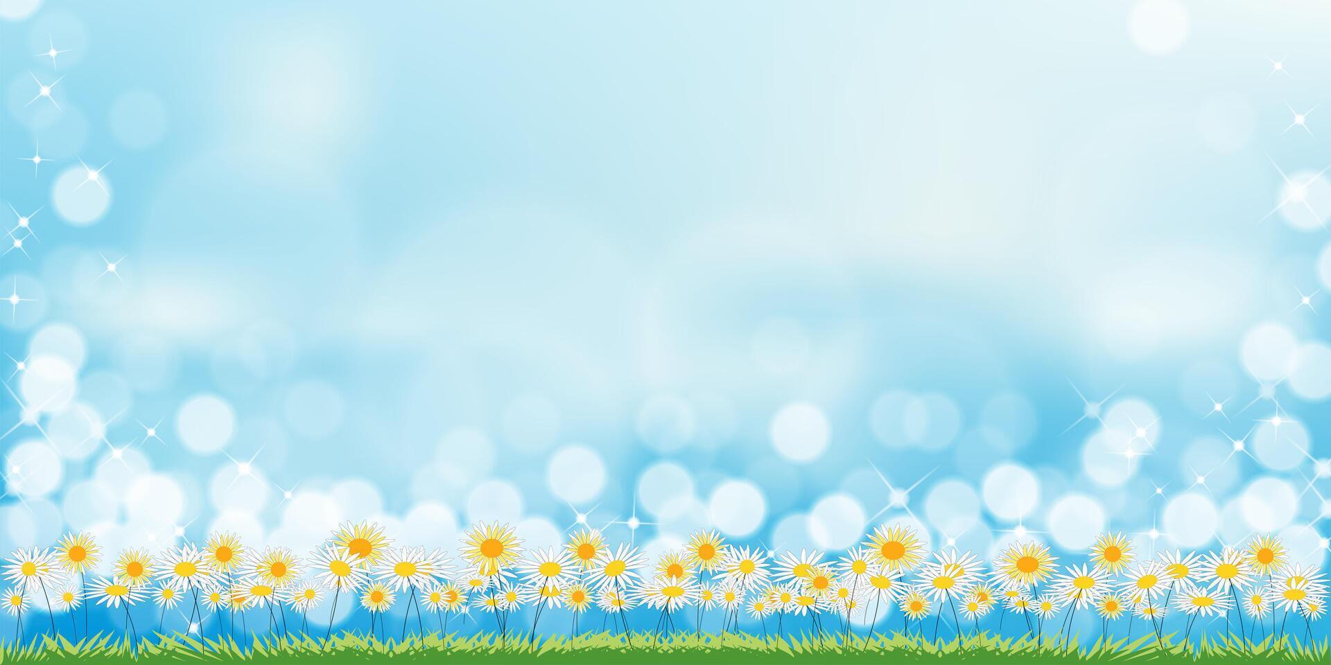 primavera sfondo, natura paesaggio bianca camomille fiore campo con bokeh luce del sole riflessione a partire dal cielo blu nel mattina.vettore bandiera bandiera per Pasqua, vacanza, invito, saluto carta vettore